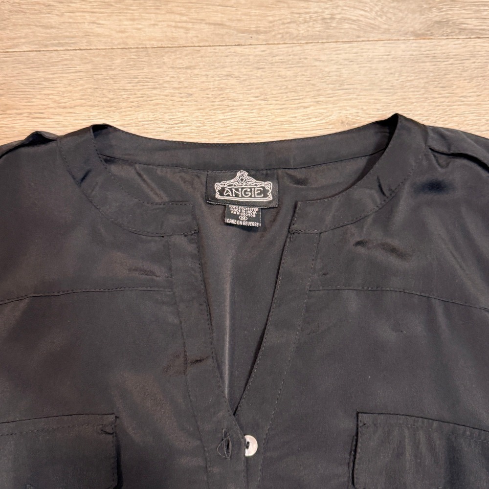 ANGIE Black Button Front Pocket Tunic Top 3/4 Sleeve Medium M - Picture 3 of 5